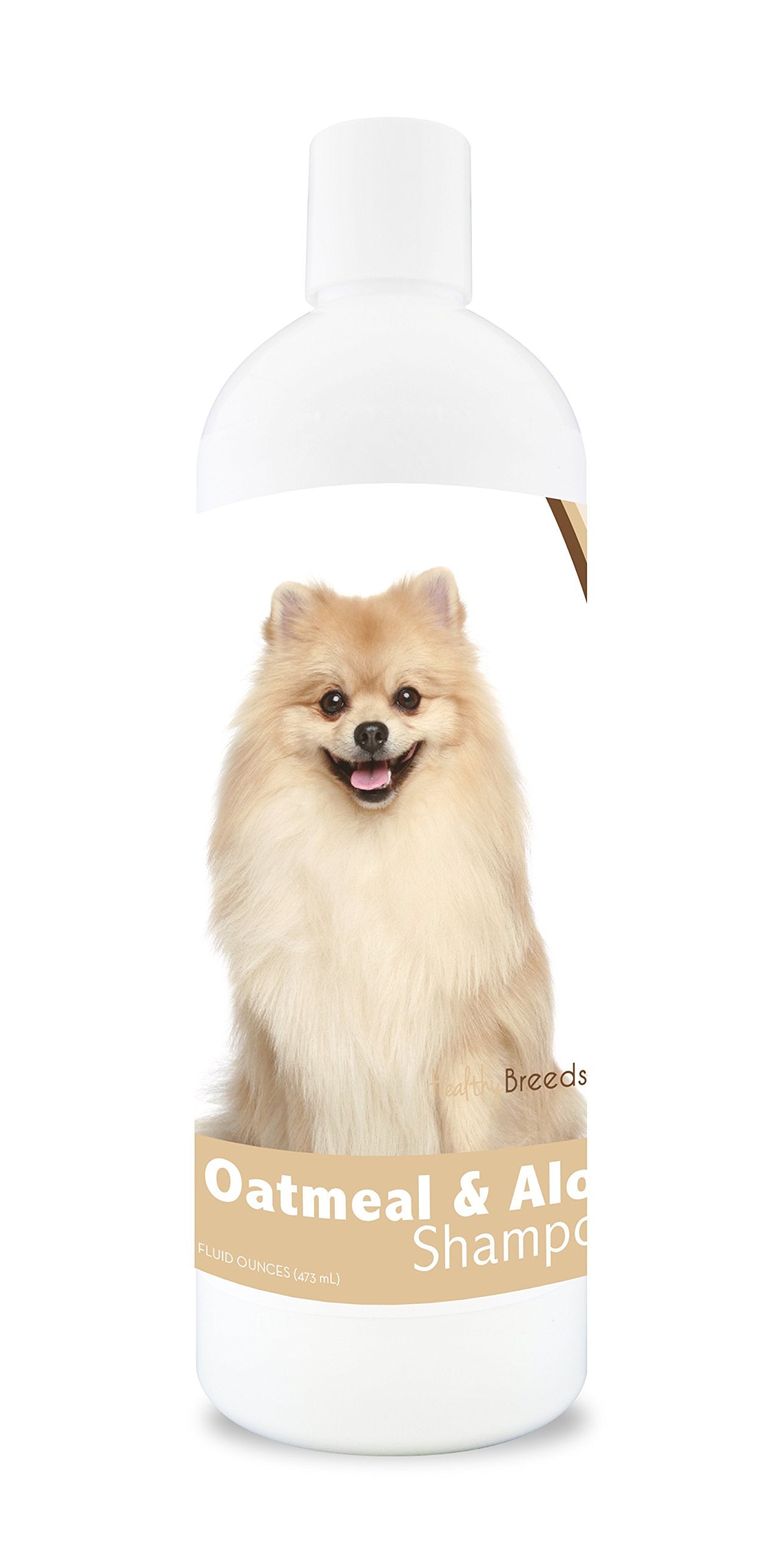 Healthy Breeds Pomeranian Oatmeal Shampoo bottle shows gentle cleansing for sensitive skin