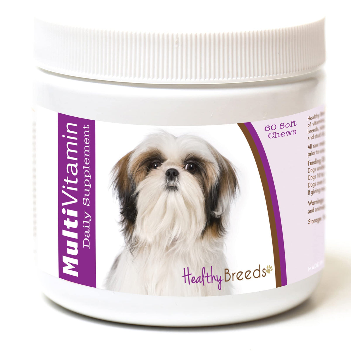 Healthy Breeds Shih Tzu Multi-Vitamin soft chews packaging with vet-recommended formula for canine wellness.