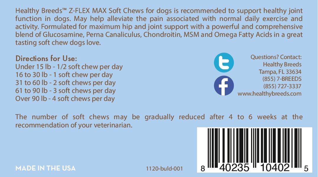 Healthy Breeds Z-Flex Max package label emphasizing trusted manufacturing for medium to large dogs