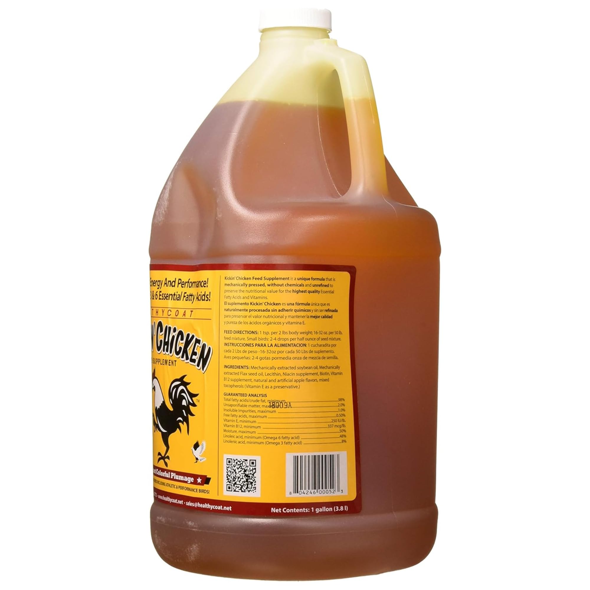 Healthy Coat Kickin' Chicken Feed label closeup highlights trusted formula.