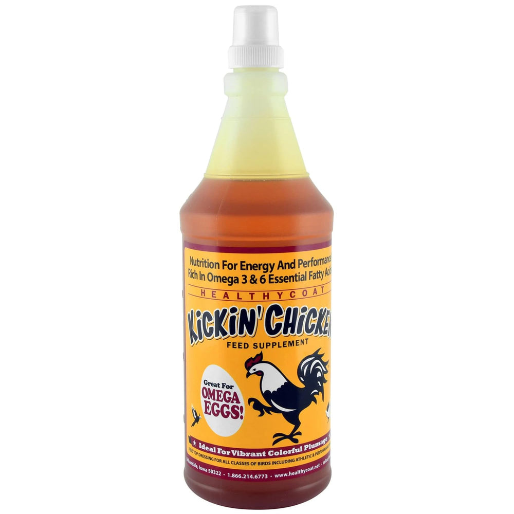 Healthy Coat Kickin Chicken Feed Supplement bottle highlights easy application for flock nourishment.
