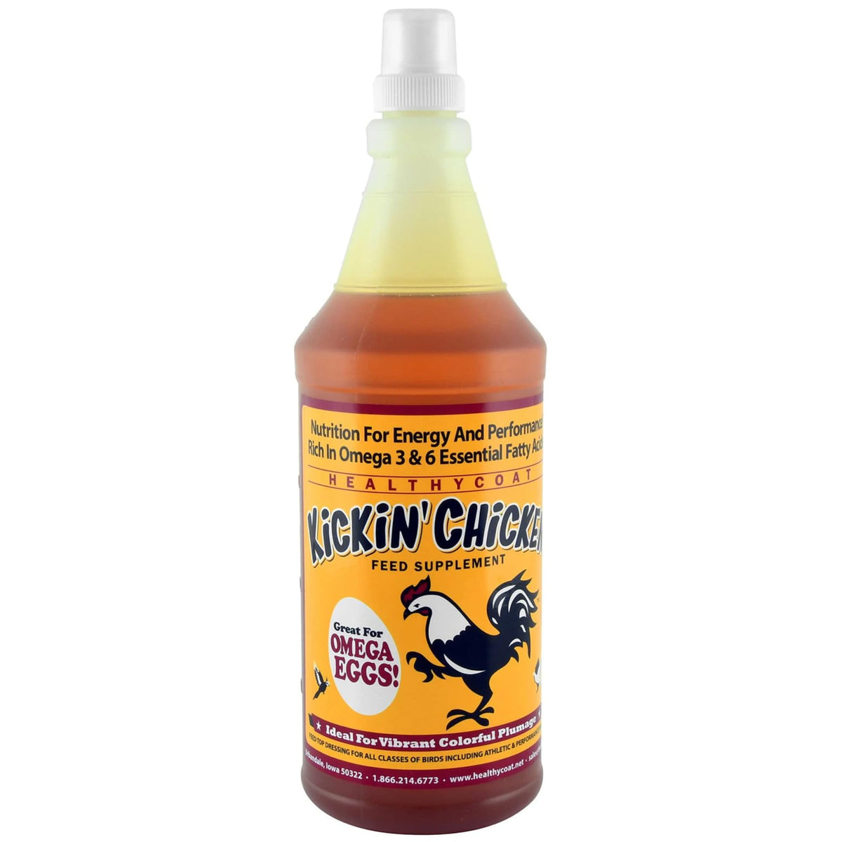 Healthy Coat Kickin Chicken Feed Supplement bottle highlights easy application for flock nourishment.
