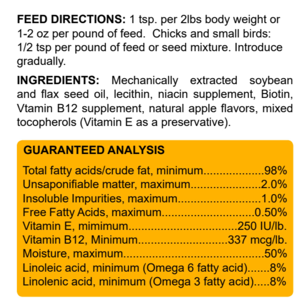 Healthy Coat Kickin Chicken Feed Supplement ingredients emphasize omega-rich nutrition for stronger feathers.