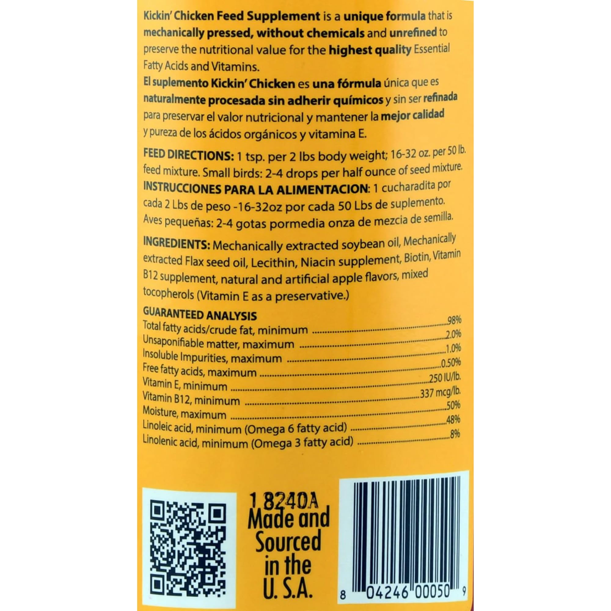 Healthy Coat Kickin Chicken Feed Supplement pour demonstrates simple dosage for healthier eggs.