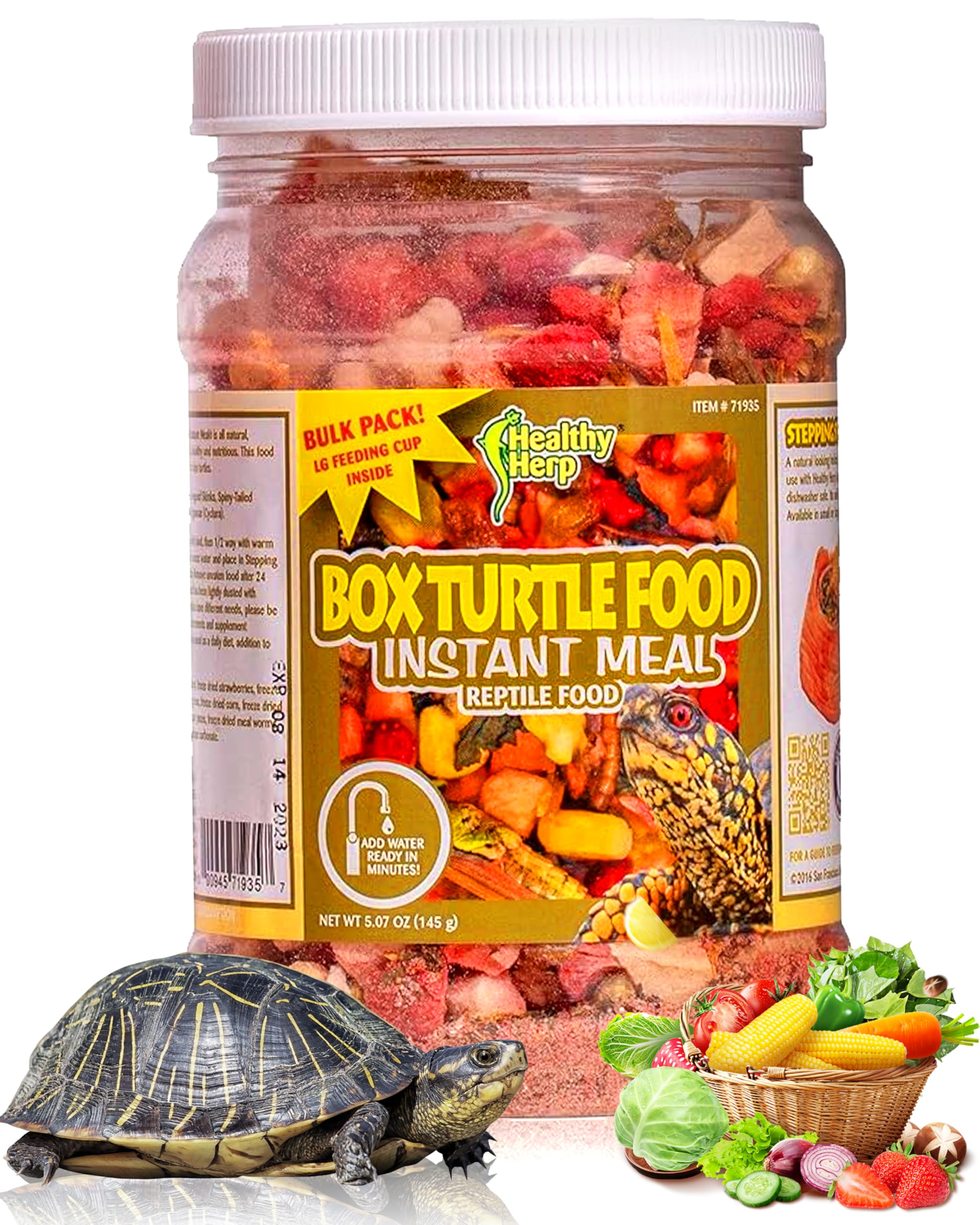 Healthy Herp boxed packaging for Box Turtle Food Instant Meal highlights USA-made quality for box turtles