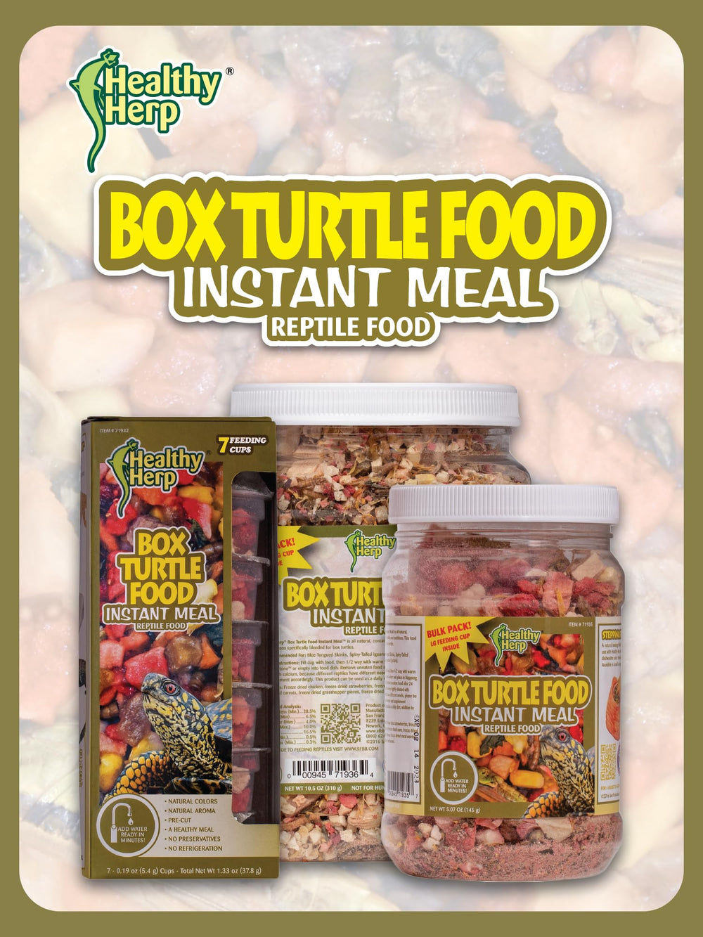 Healthy Herp Instant Meal suitable for box turtles, skinks, and tortoises