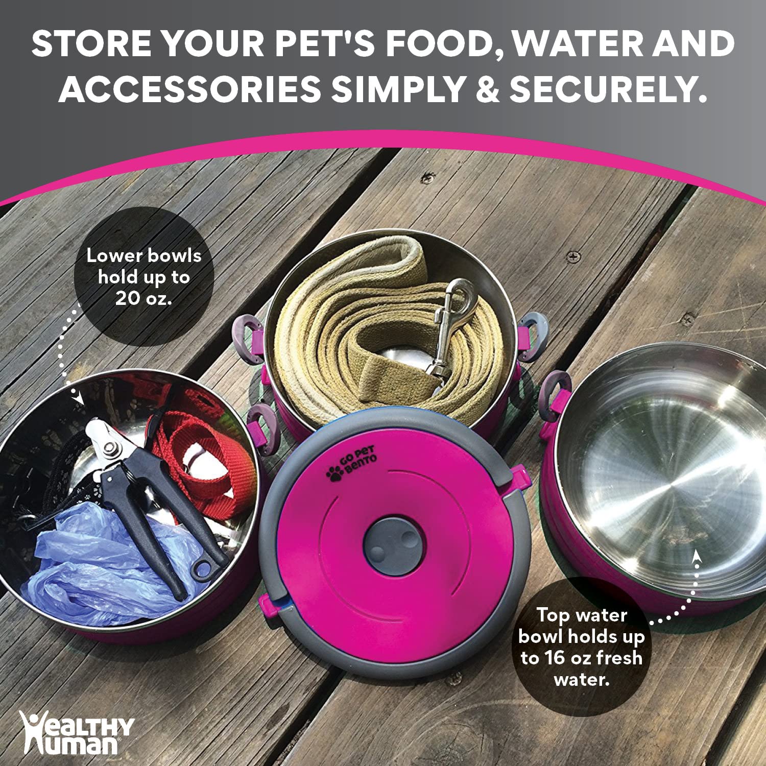 Healthy Human three-pack bowls in pink illustrate space-saving travel setup.