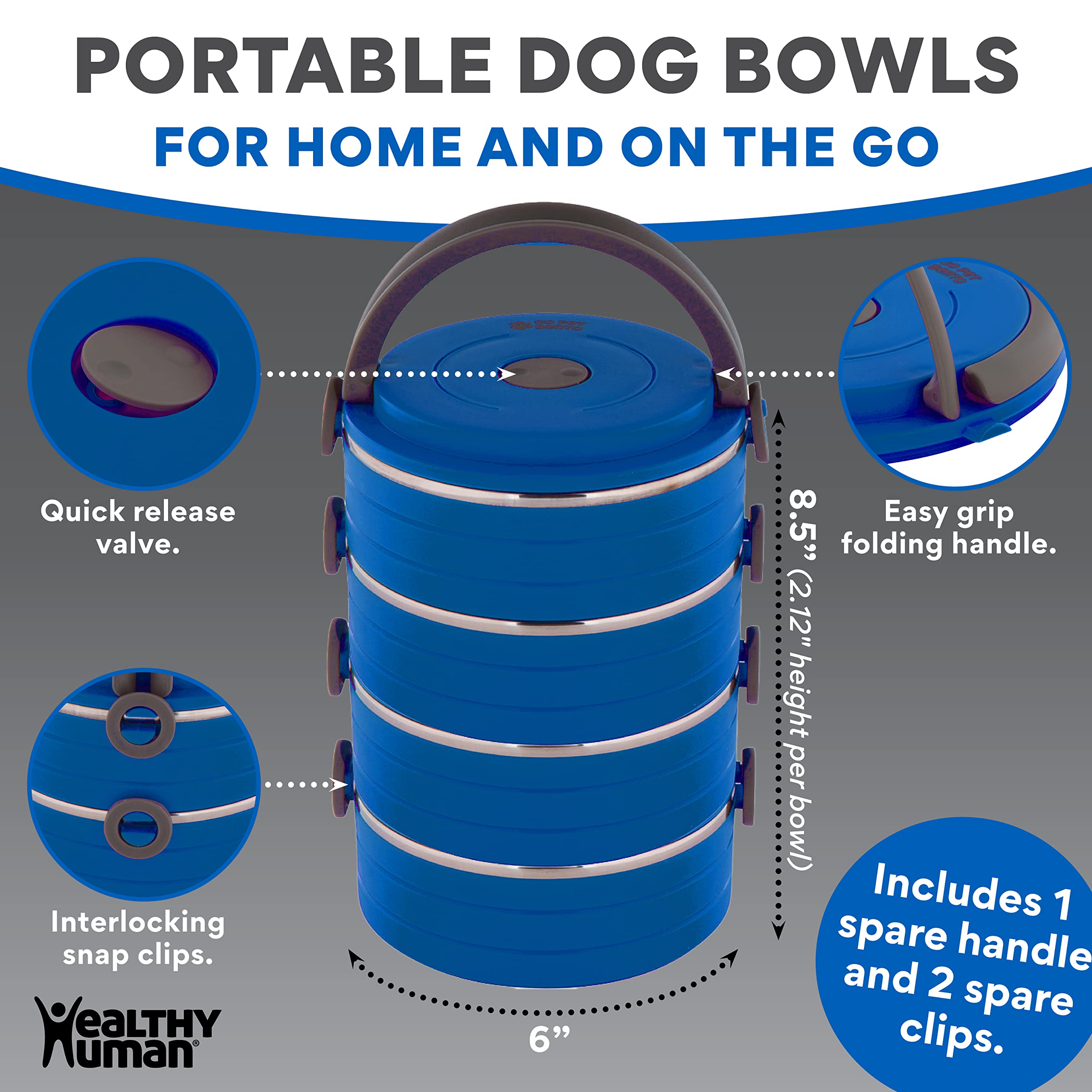 Healthy Human easy-grip handle shown for carrying the travel bowls.