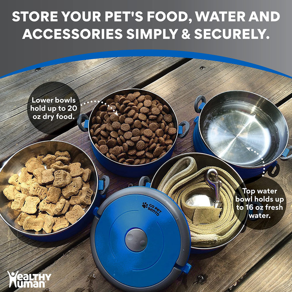 Healthy Human blue Bento Bowls in use with a pet during travel.