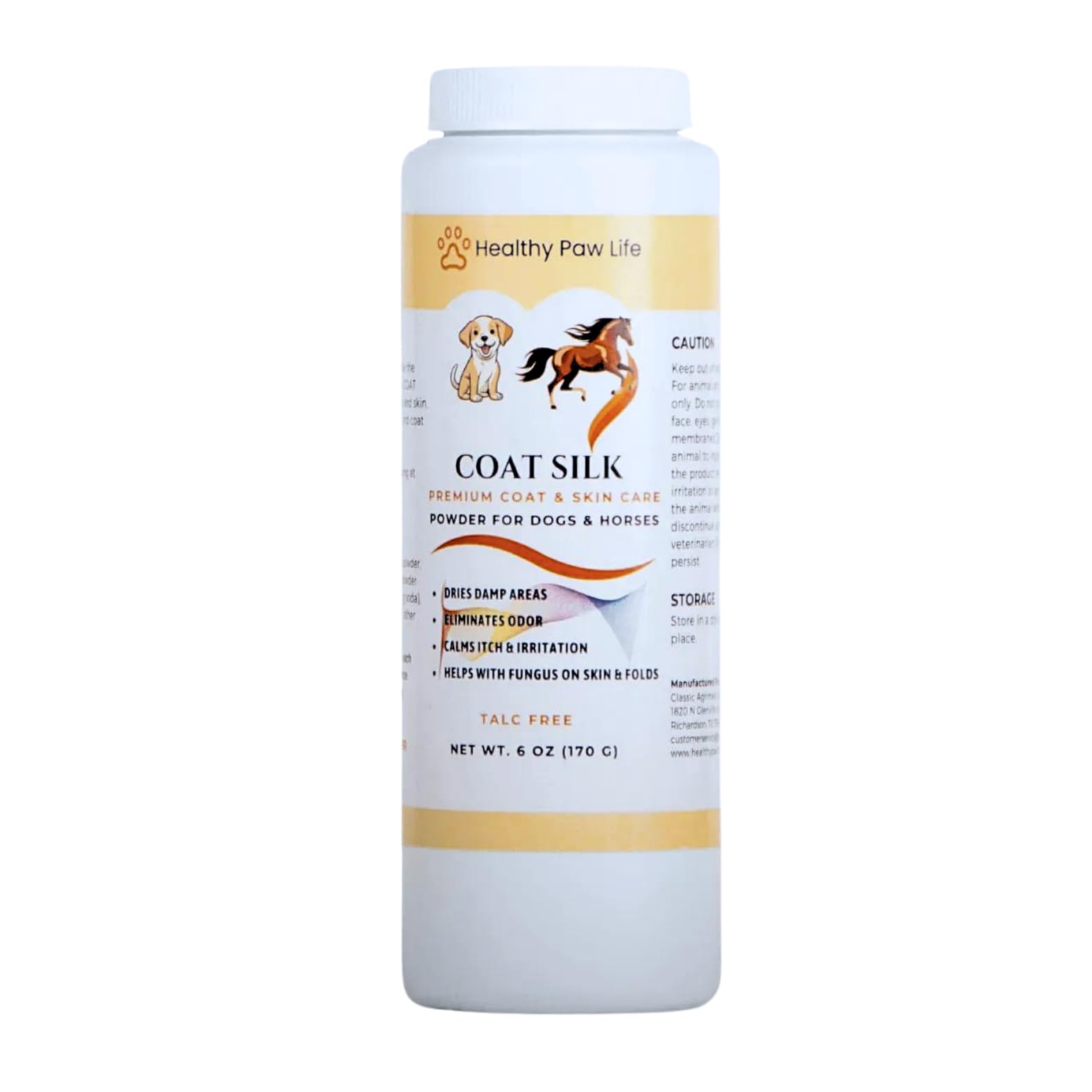 Healthy Paw Life Coat Silk Powder bottle demonstrates a clean, talc-free grooming solution.