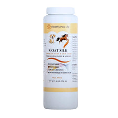 Healthy Paw Life Coat Silk Powder bottle demonstrates a clean, talc-free grooming solution.