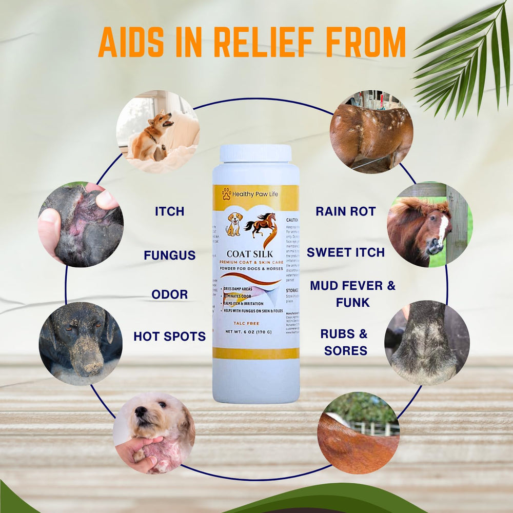 Healthy Paw Life Coat Silk Powder dispensing action for easy, mess-free application.