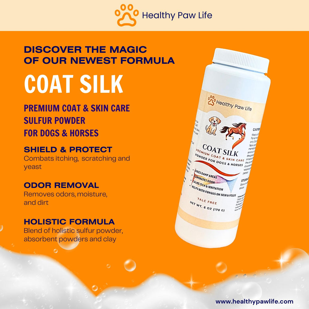 Healthy Paw Life Coat Silk Powder on cat coat highlights gentle odor and shine control.