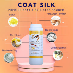 Healthy Paw Life Coat Silk Powder on dog coat shows moisture-absorption benefits in use.