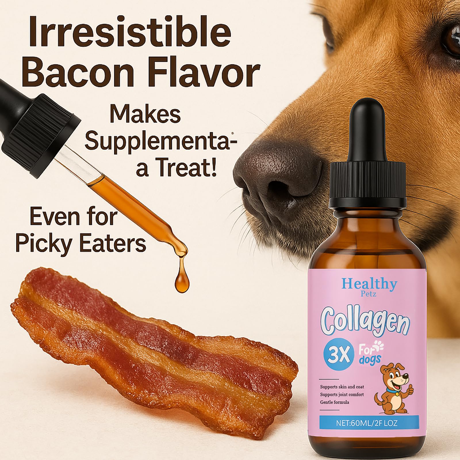 Healthy Petz bacon-flavor supplement shown for palatability and easy acceptance.