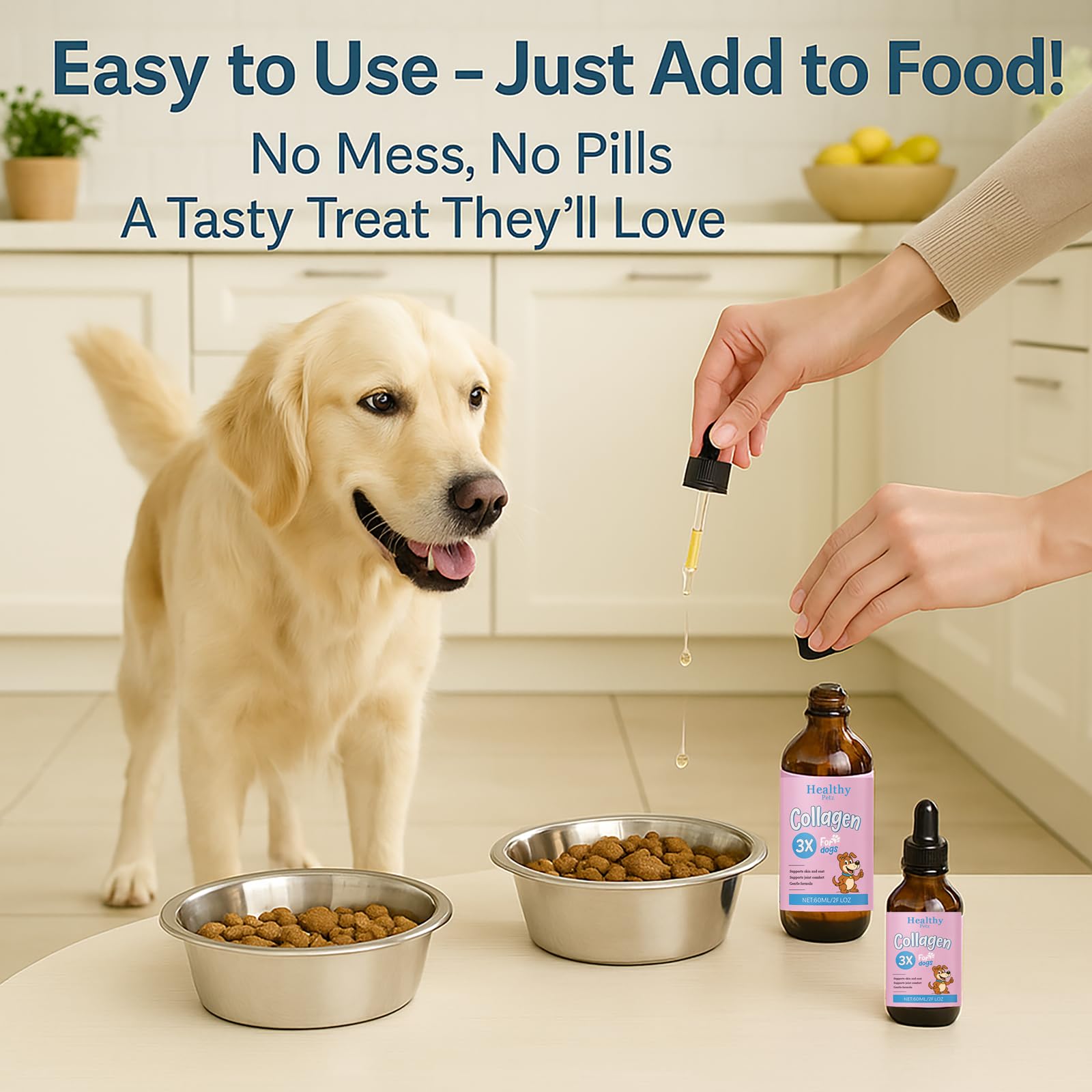 Healthy Petz coat shine close-up reinforces the gloss and health benefits.