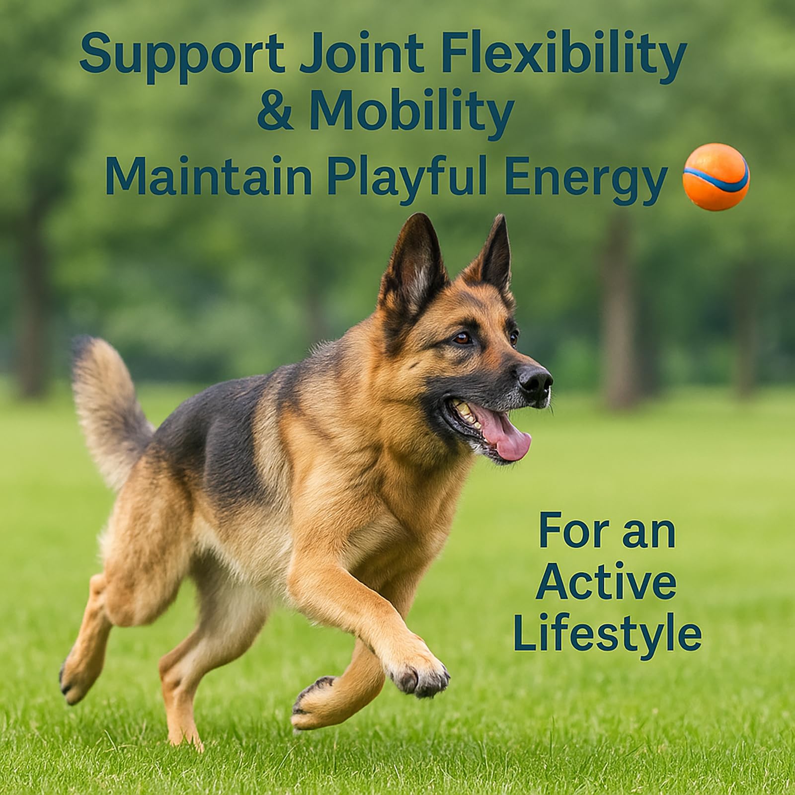 Healthy Petz dog play-time scene suggests improved mobility during activity.