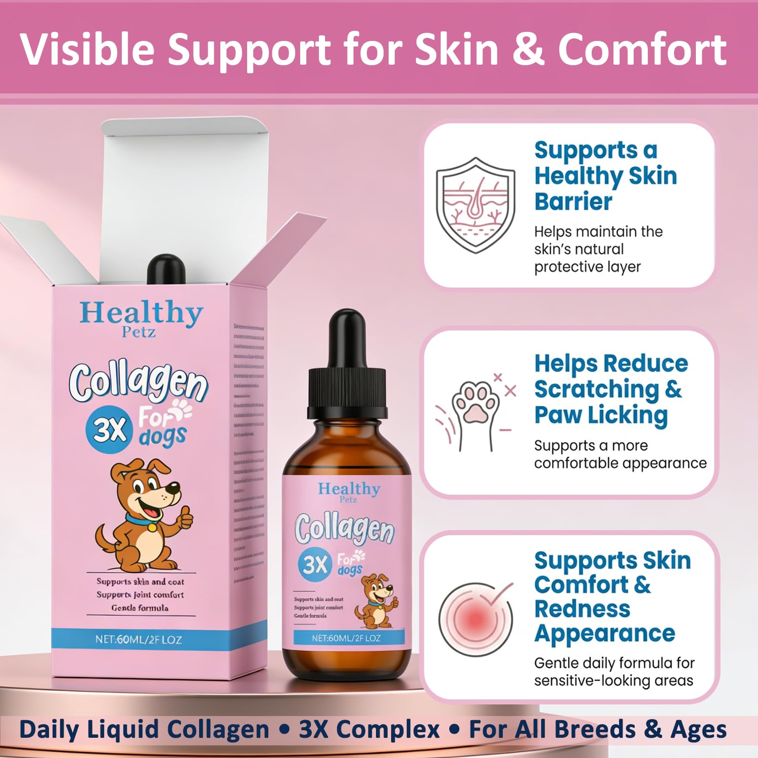 Healthy Petz bottle and dropper for easy daily dosing of dog collagen