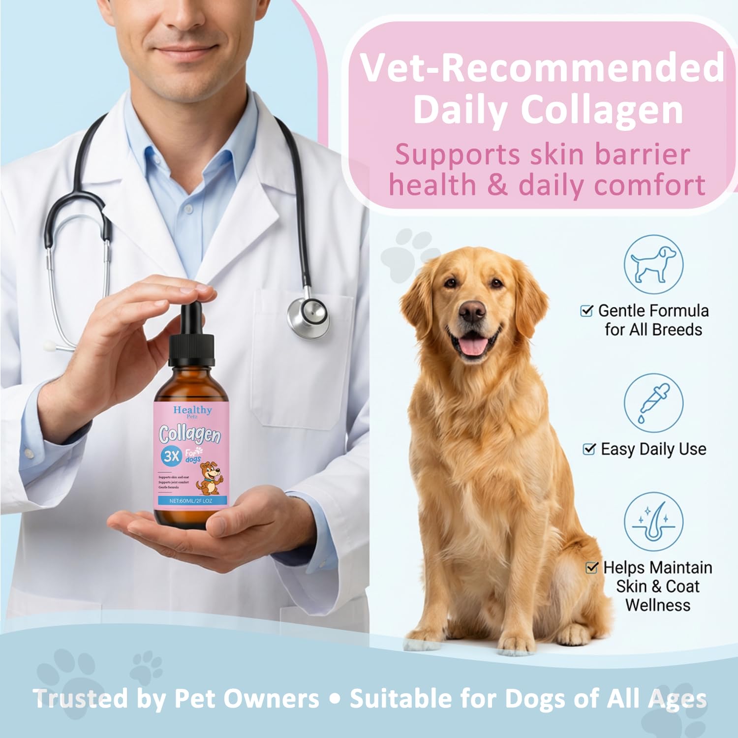 Healthy Petz liquid collagen ingredients: triple collagen, biotin, vitamin C, hyaluronic acid