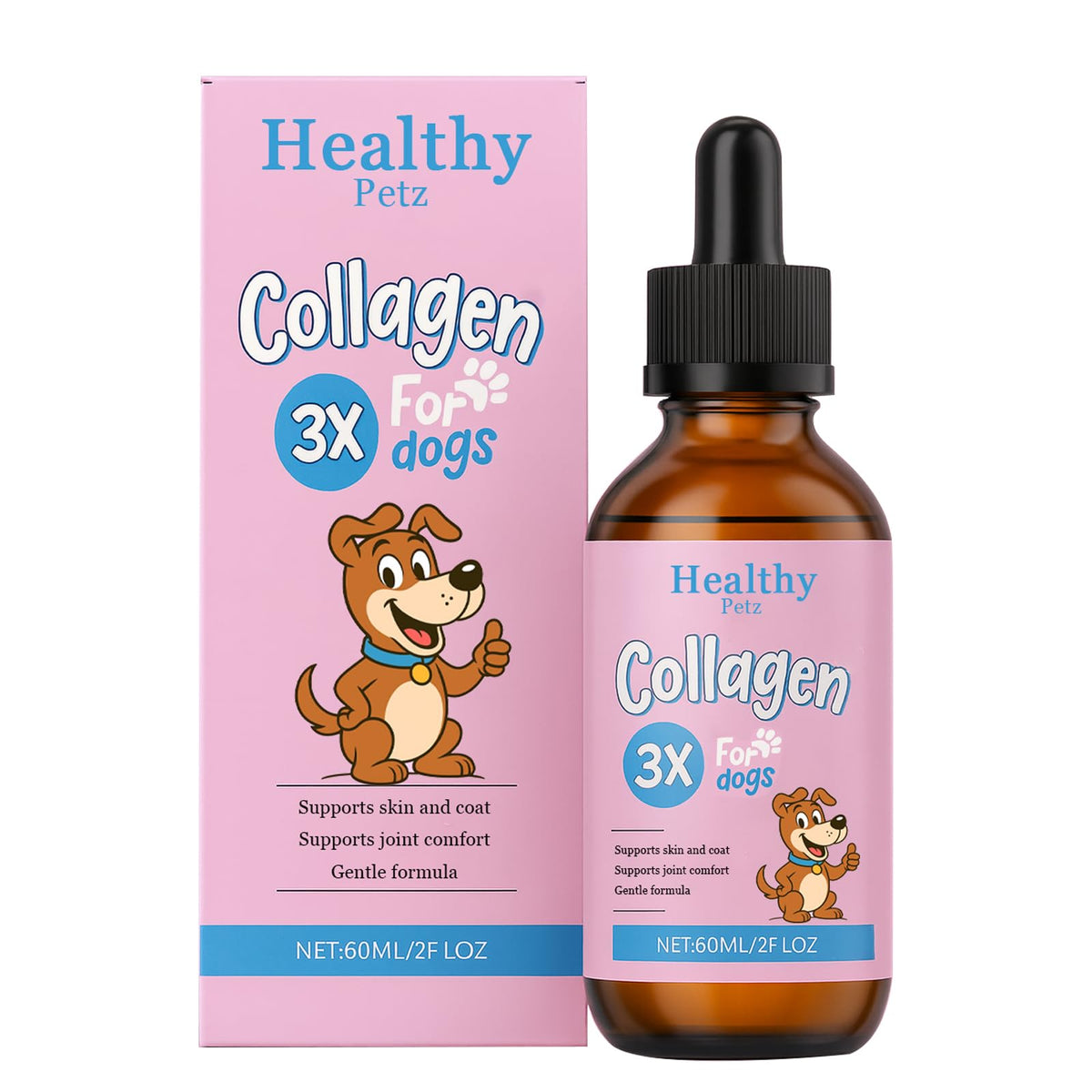 Healthy Petz Premium Liquid Collagen bottle with pump for easy daily dosing in dogs.