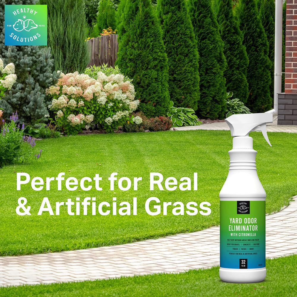 Healthy Solutions for Pets 64 oz refill bottle ready to attach to garden hose for quick spraying.
