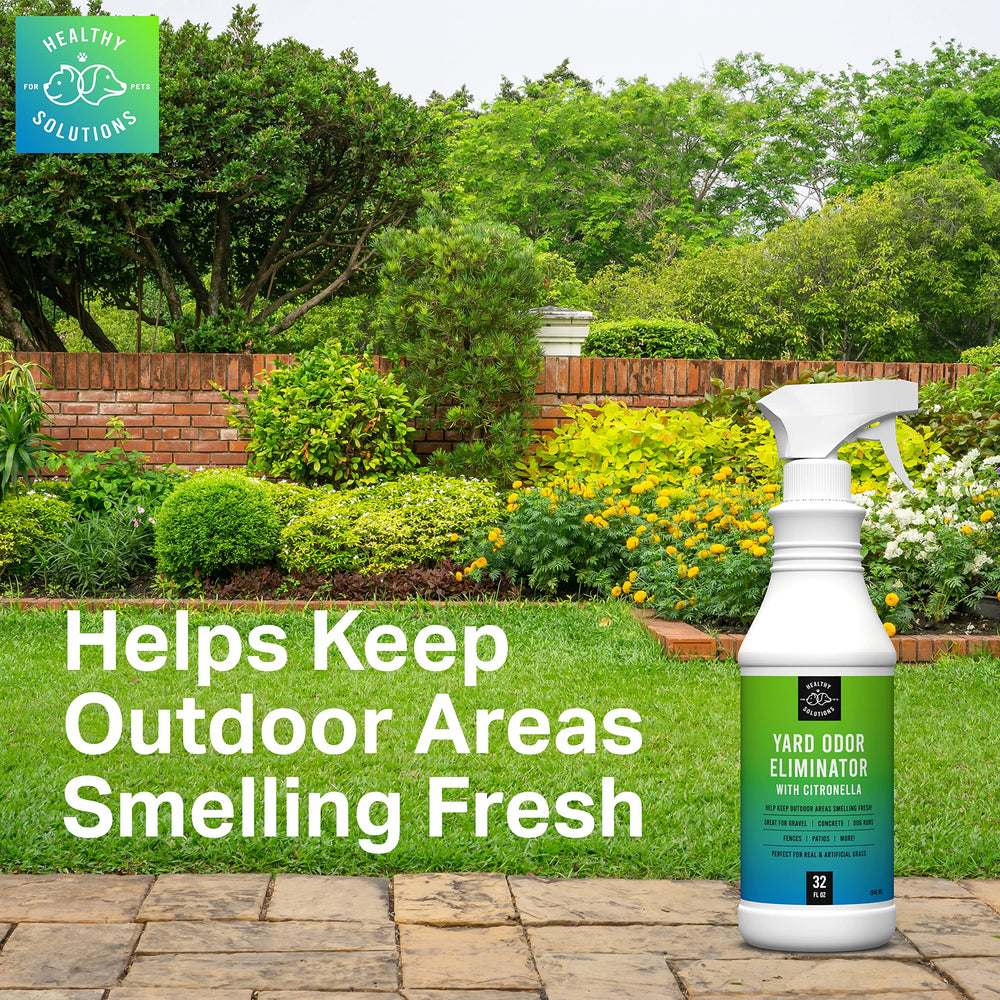 Healthy Solutions for Pets citronella yard odor eliminator on patio for fresh outdoor odors.