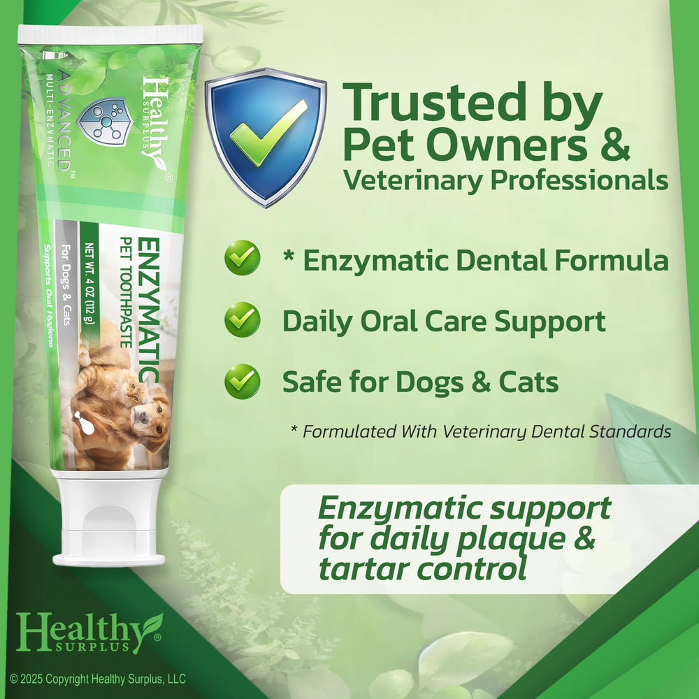 Healthy Surplus 5-enzyme system shown for dogs and cats dental care
