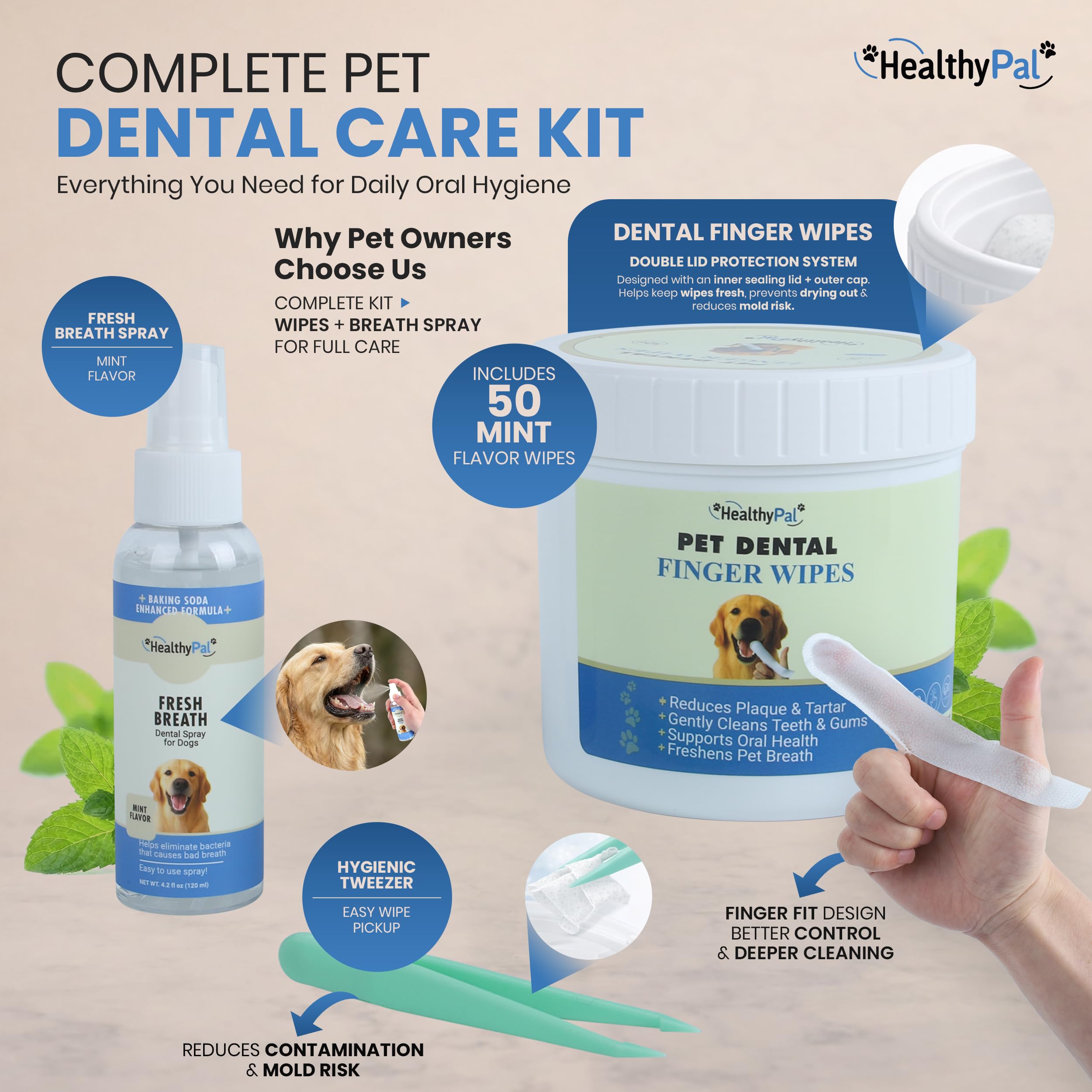 HealthyPal wipes packaging front showing kit contents for dogs and cats