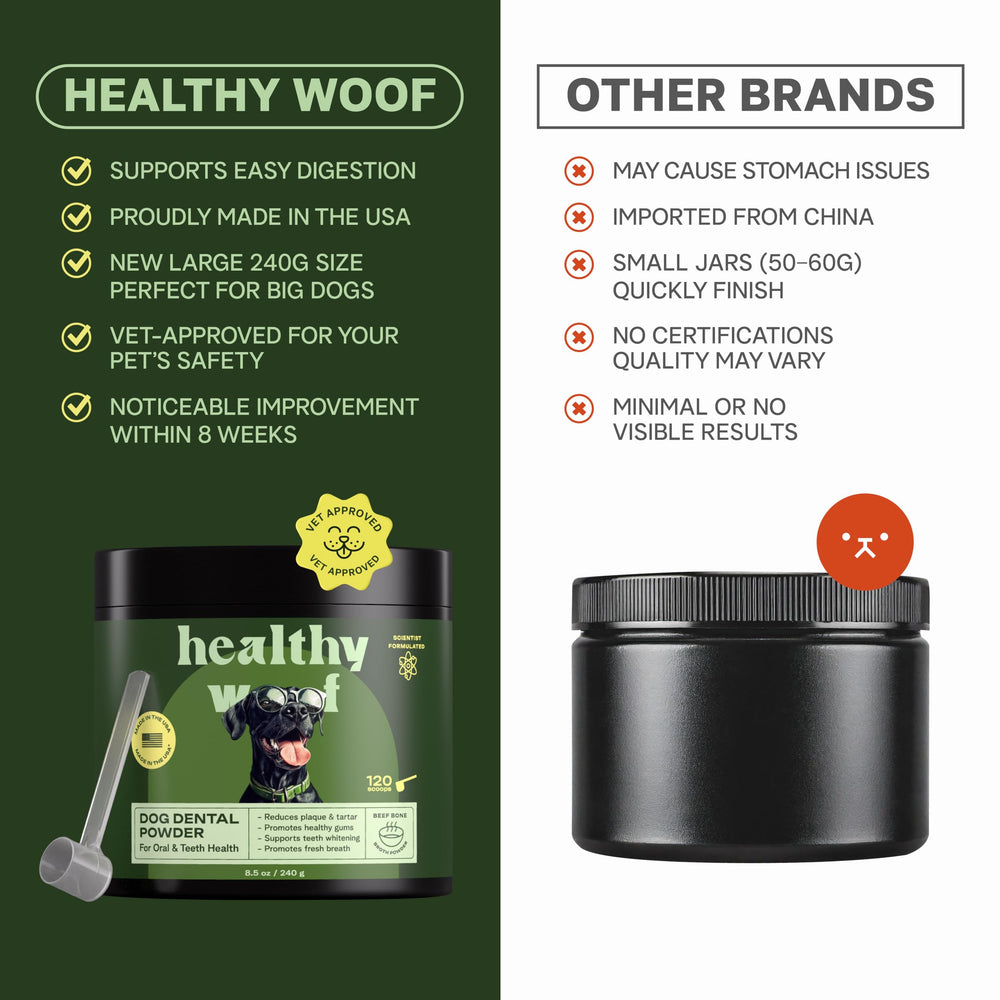 Healthy Woof powder rehydrated into beef broth makes tasty dental care.