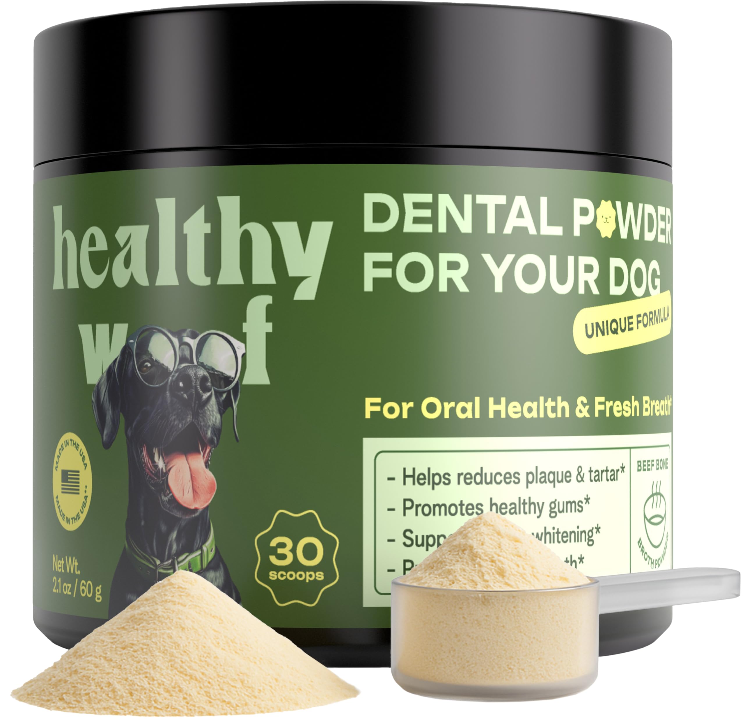 Healthy Woof dental powder bottle for easy at-home dog dental care