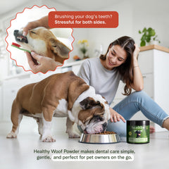 Healthy Woof dental powder supports tartar control with enzyme blend.