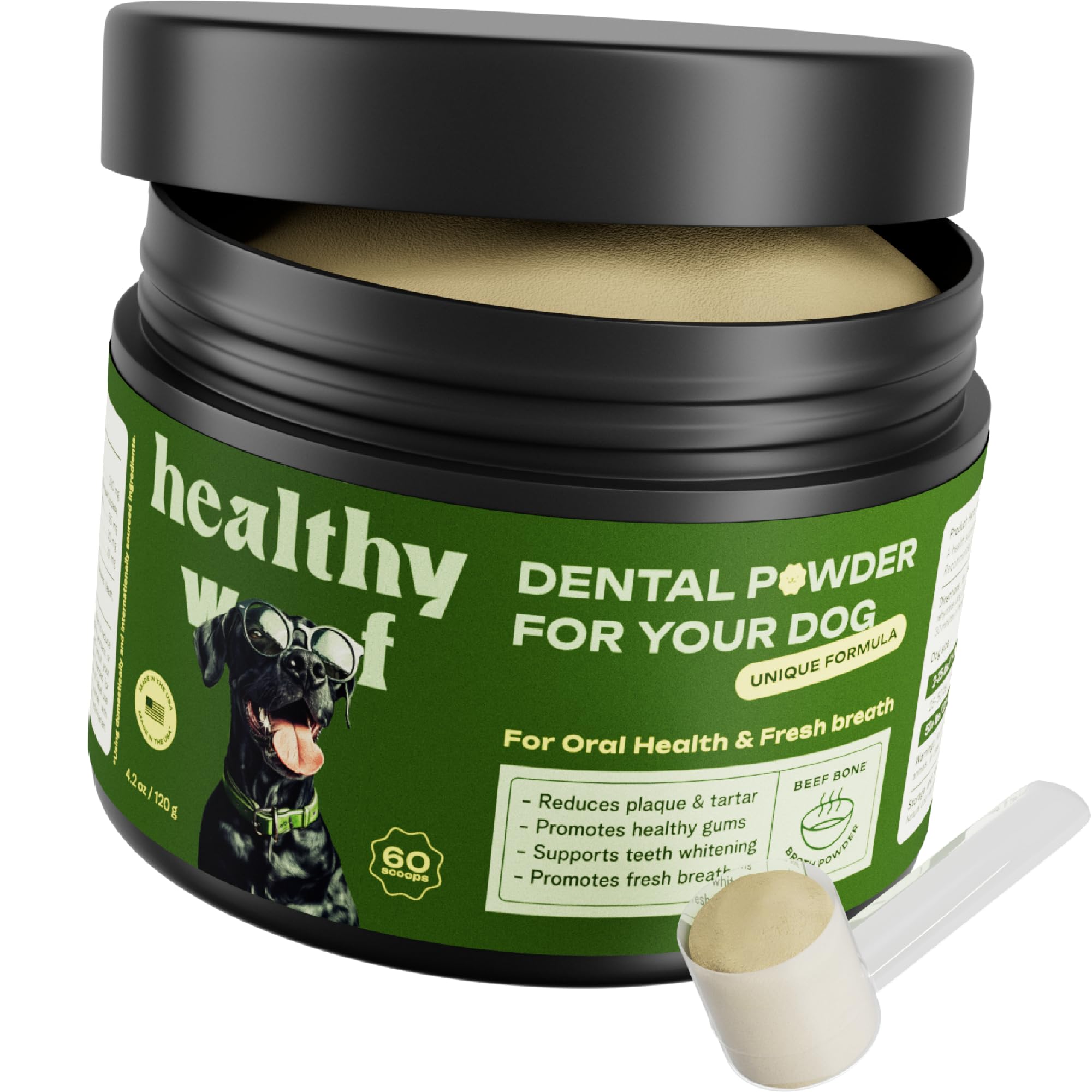 Healthy Woof dental powder tub for easy, brush-free dog dental care and flavorful administration.