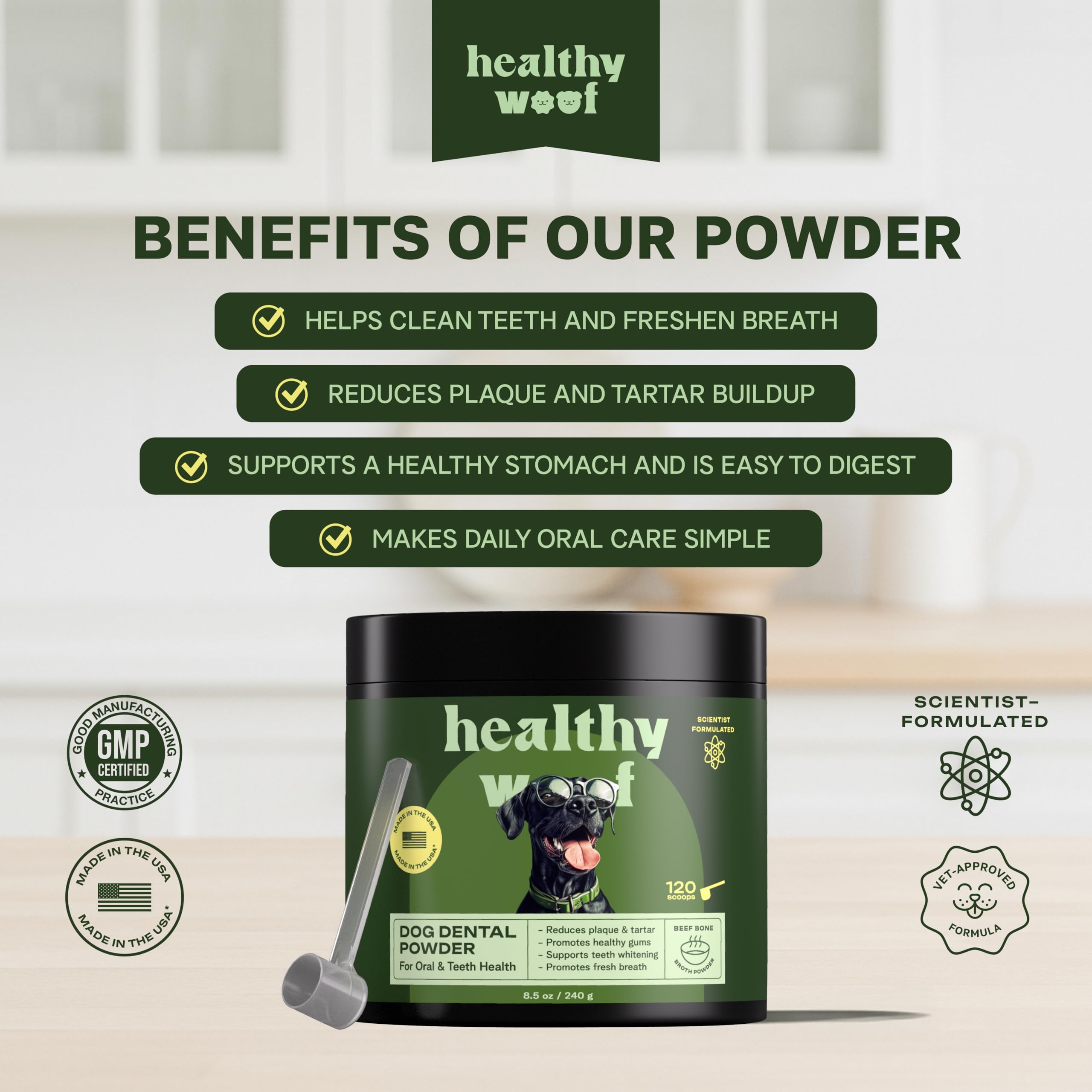 Healthy Woof dental powder with green tea enzymes promotes fresher breath.