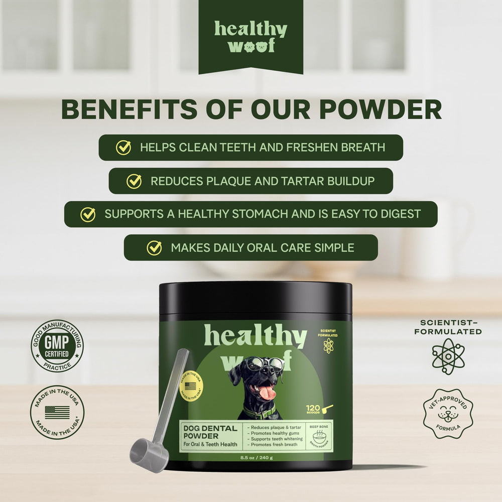 Healthy Woof dental powder with green tea enzymes promotes fresher breath.