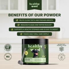 Healthy Woof dental powder with green tea enzymes promotes fresher breath.