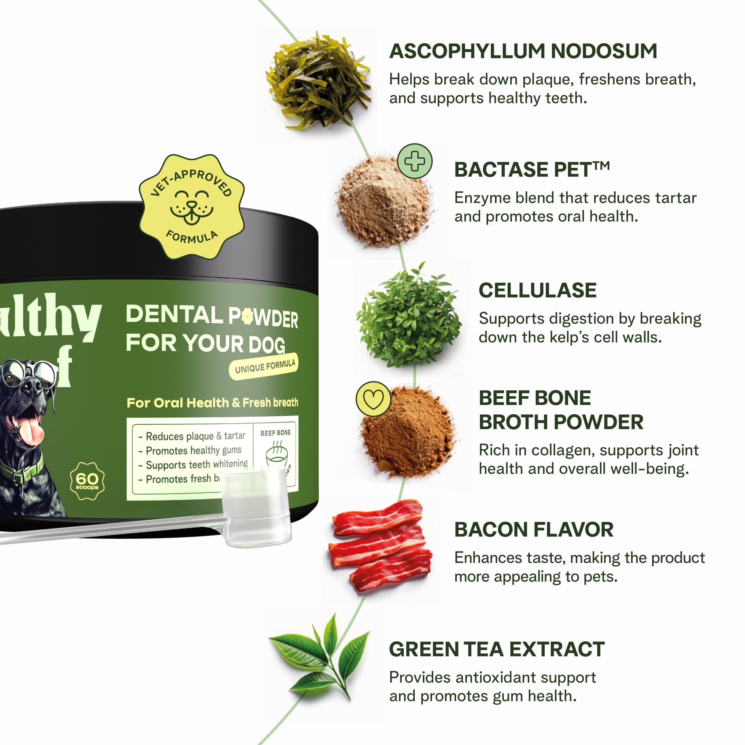 Healthy Woof Icelandic kelp ingredient highlight emphasizes natural tartar care support.