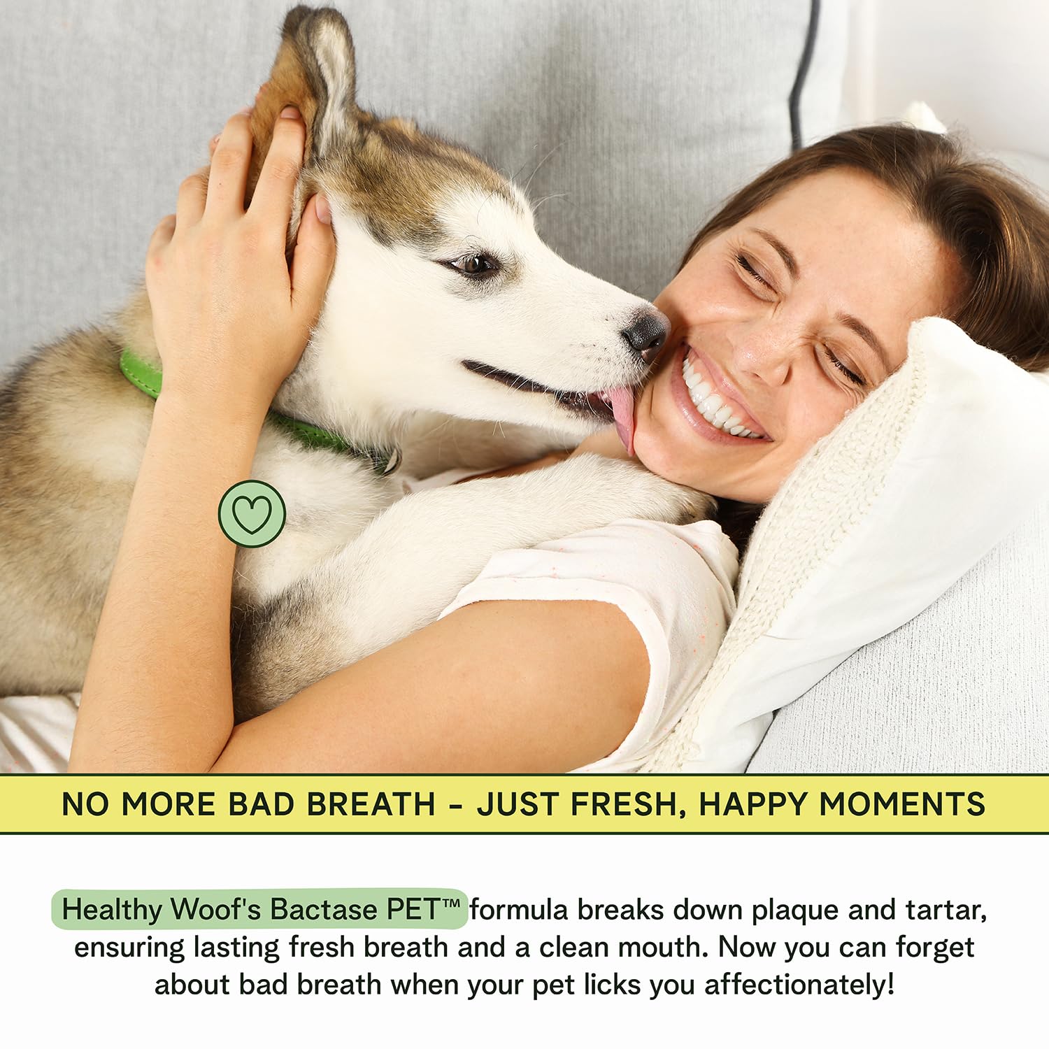 Healthy Woof satisfied-looking dog after feeding with no-brush care.