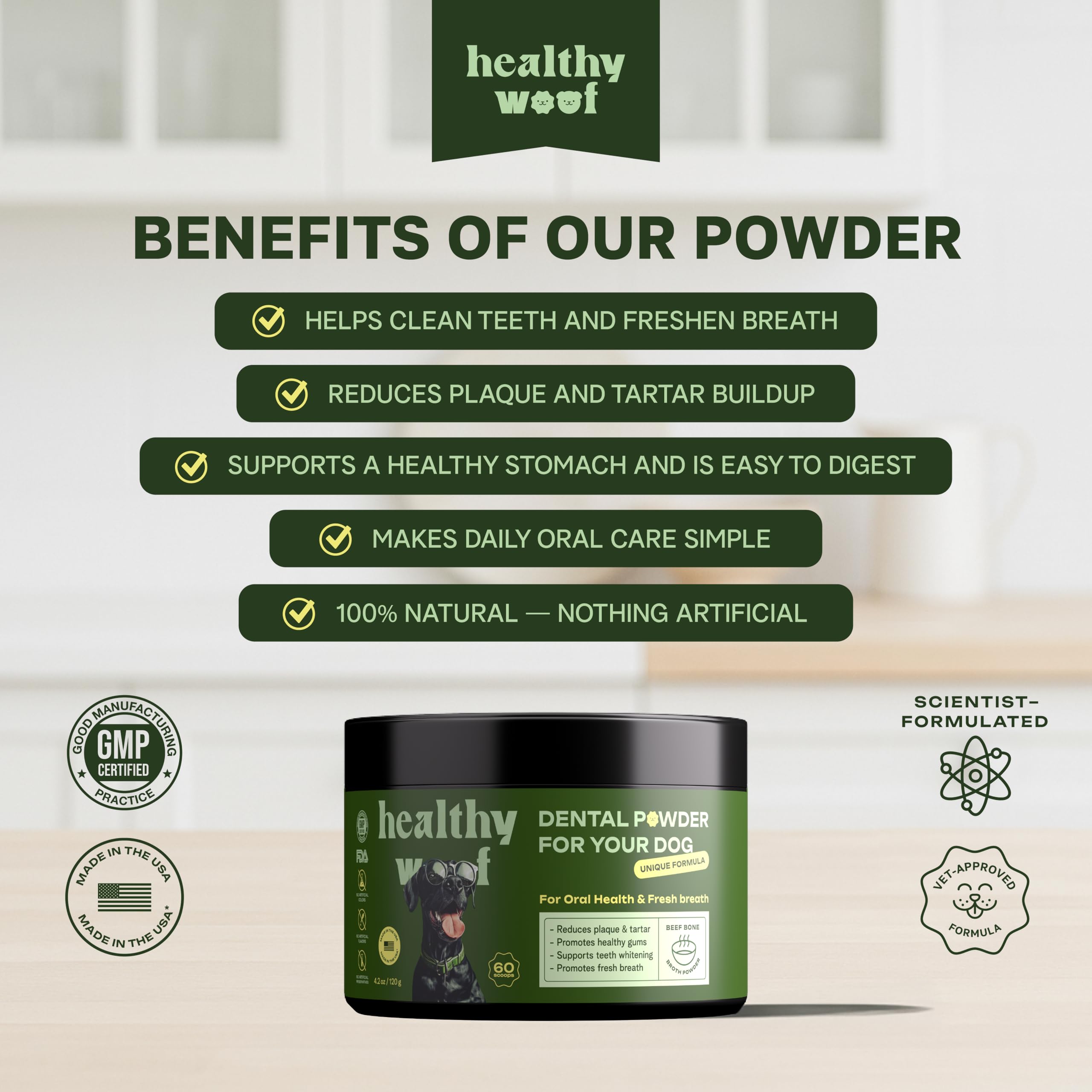 Healthy Woof scoop shown for measuring powder to sprinkle on food.