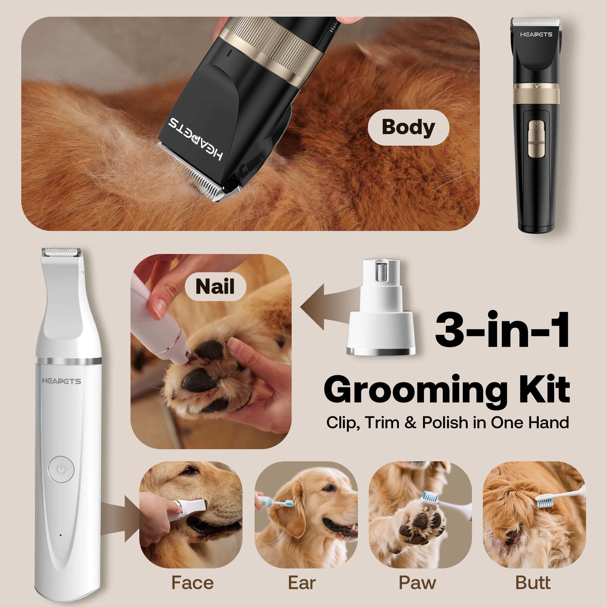 HEAPETS dog hair clippers face trim for refined appearance with quiet operation.