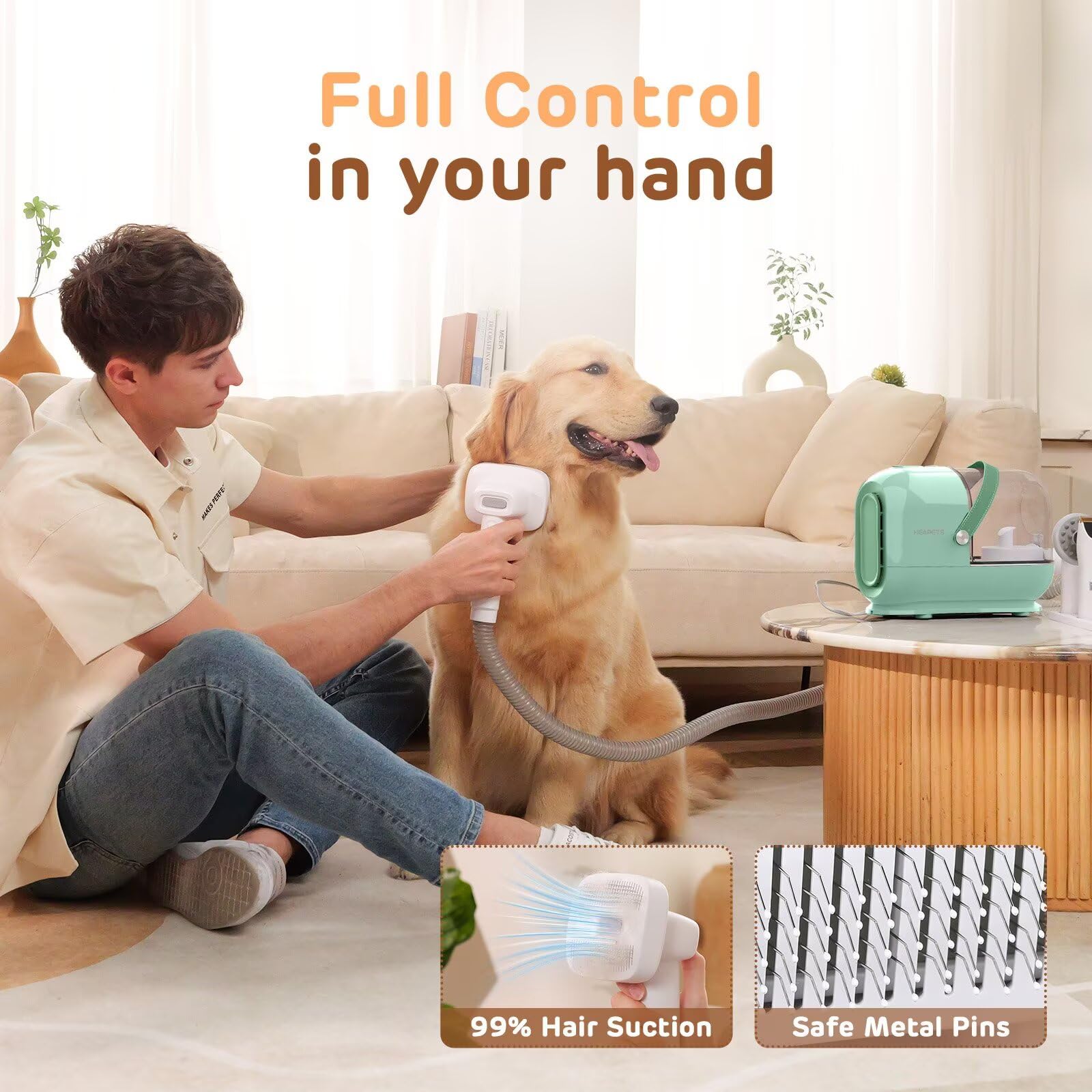 HEAPETS grooming nozzle and cleaning brush tidy furniture and floors.