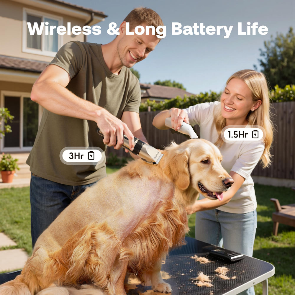 HEAPETS low-noise grooming system reduces pet anxiety during grooming.