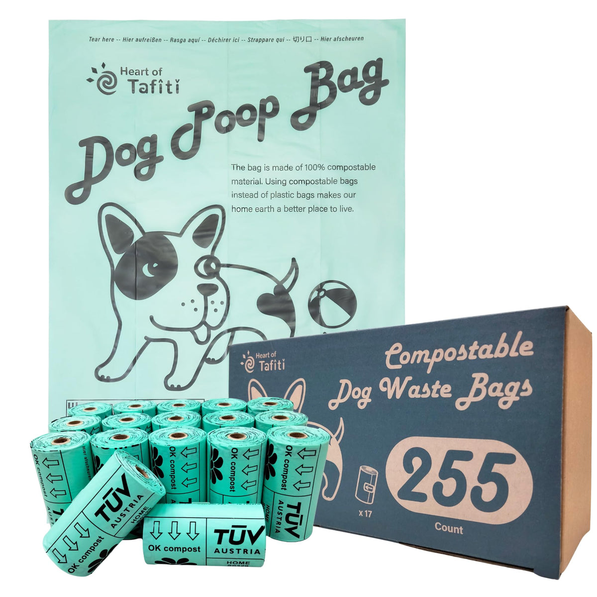 Heart of Tafiti compostable dog poop bags in a 255-count roll for eco-friendly waste management.