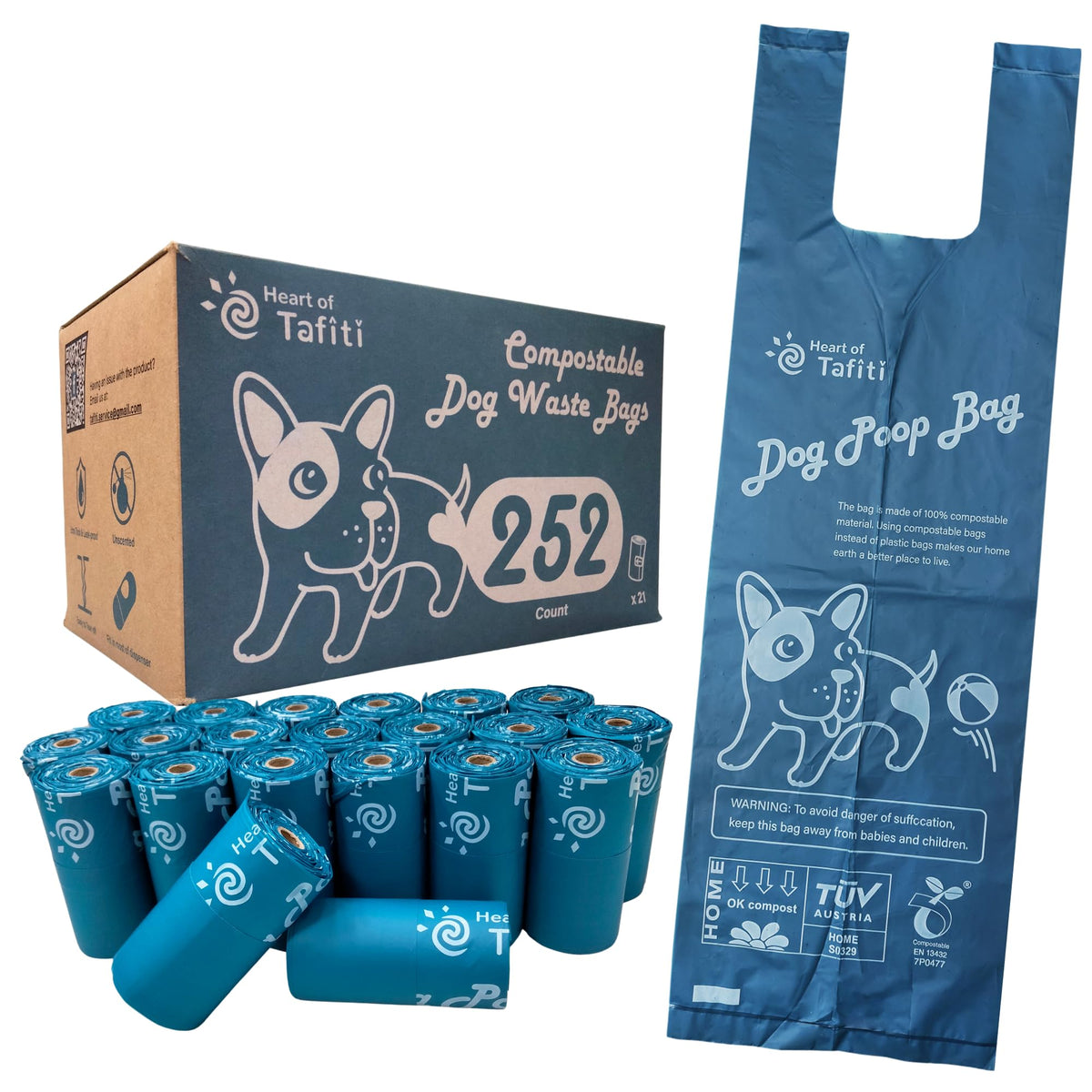 Heart of Tafiti dog poop bags with strong handles for quick cleanup.