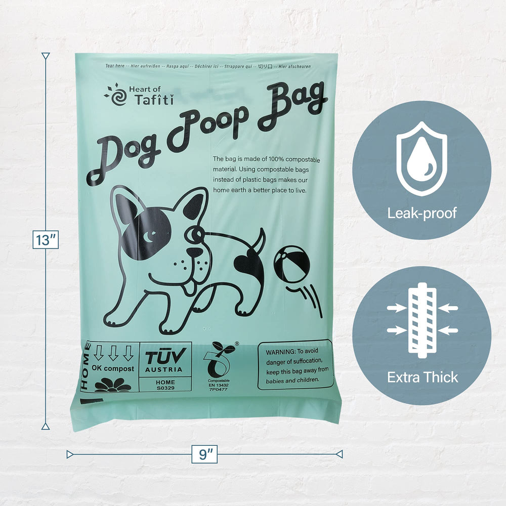 Heart of Tafiti plant-based bags certified OK Compost HOME for eco-friendly disposal.