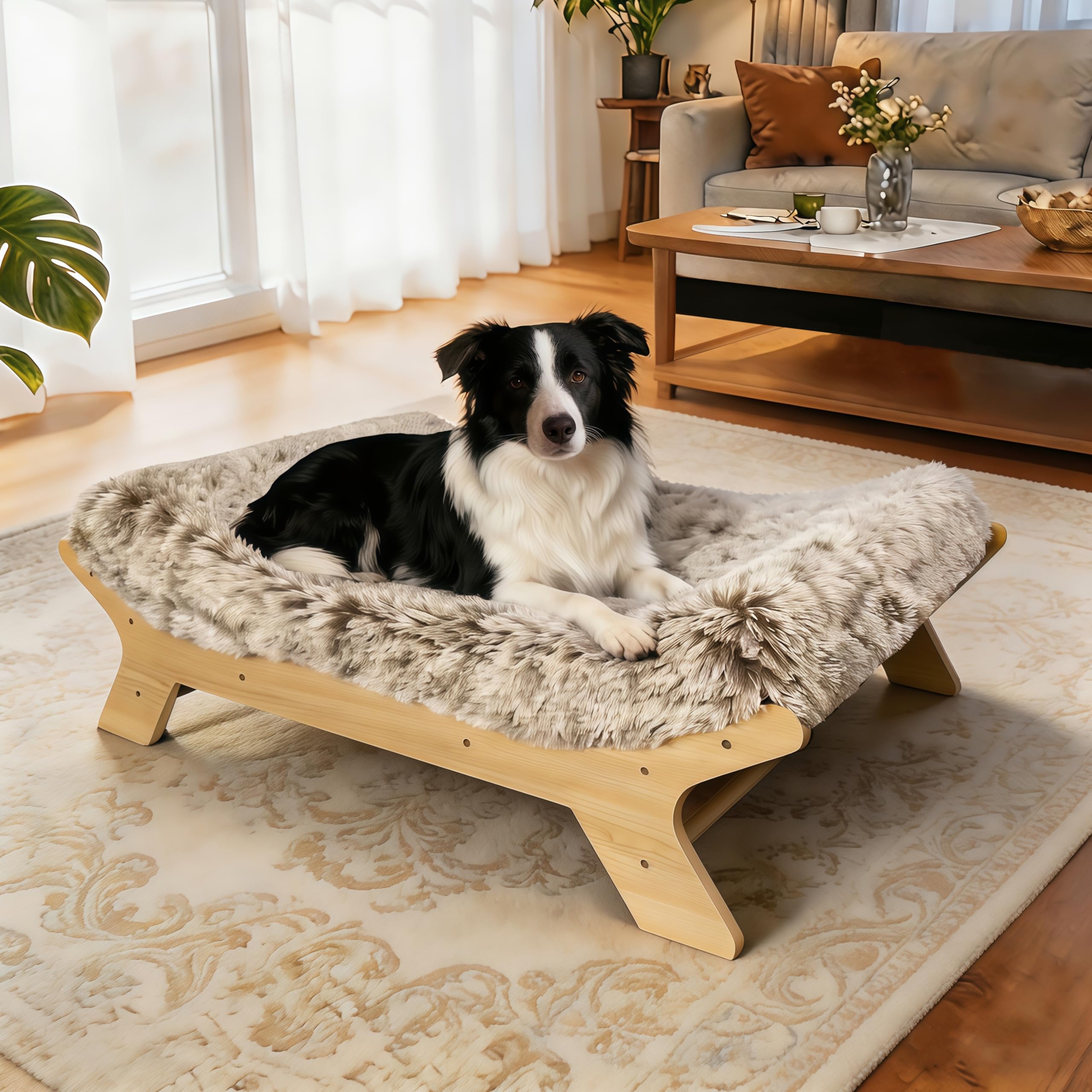 HEAVE SPROUT elevated dog bed frame shows durable wooden construction for large pets