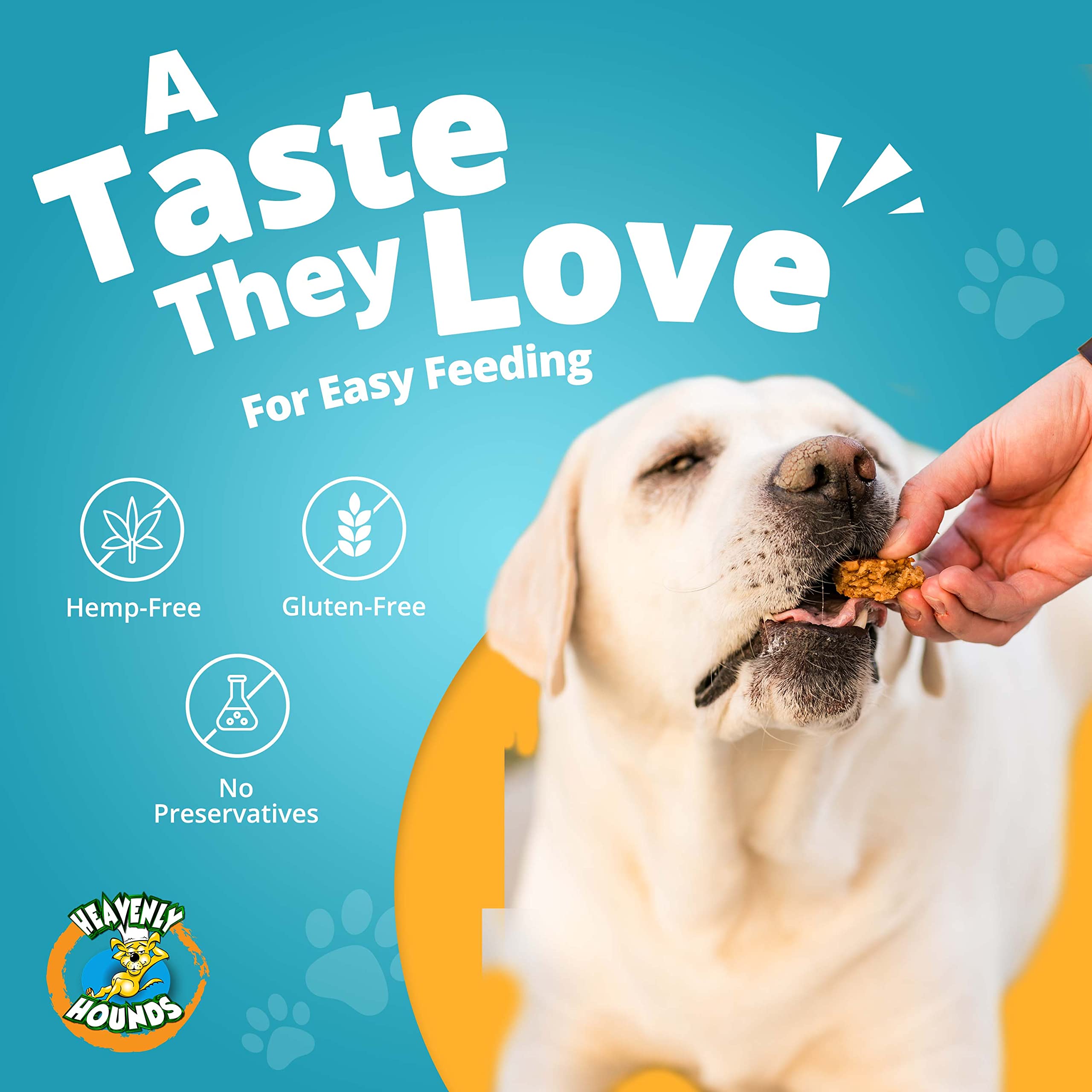Label of Heavenly Hounds chews highlights natural ingredients and no hemp.