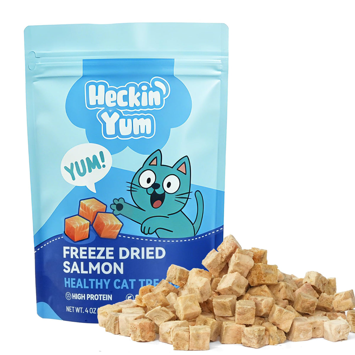 Heckin Yum freeze-dried salmon cat treats with single-ingredient salmon for protein-forward snacking.