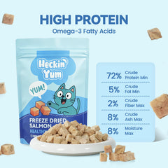 Heckin Yum freeze-dried salmon bites offer high protein with bold seafood flavor.