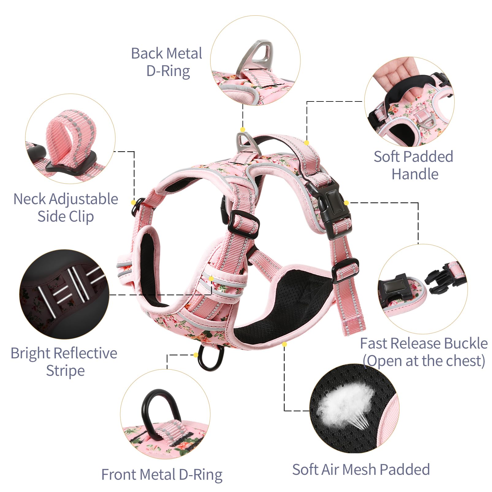 HEELE dog harness back view with handle for quick control during outings