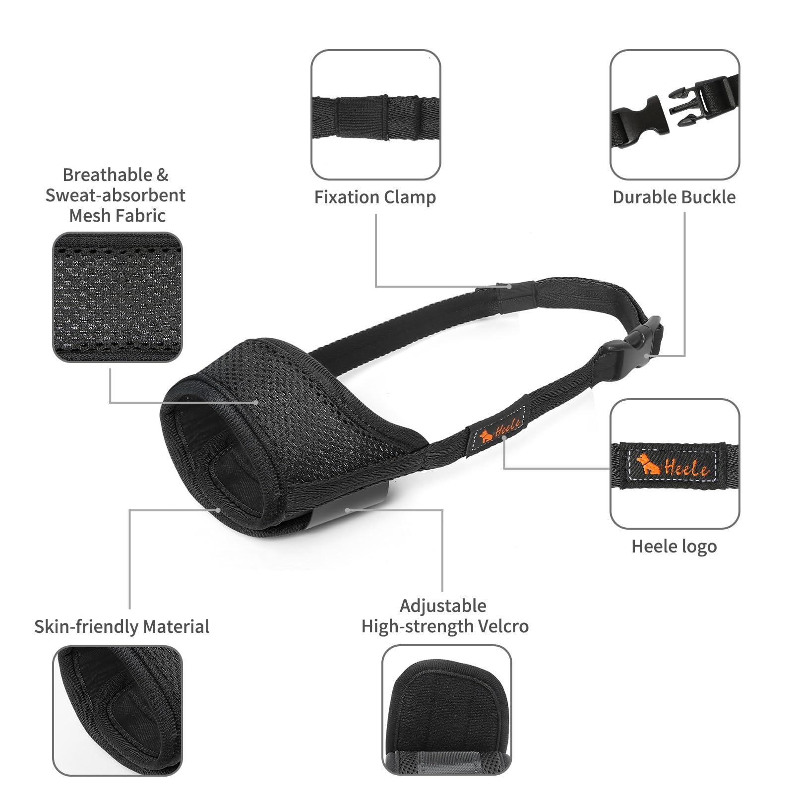 HEELE dog muzzle secure hook-and-loop closure ensures stable placement.